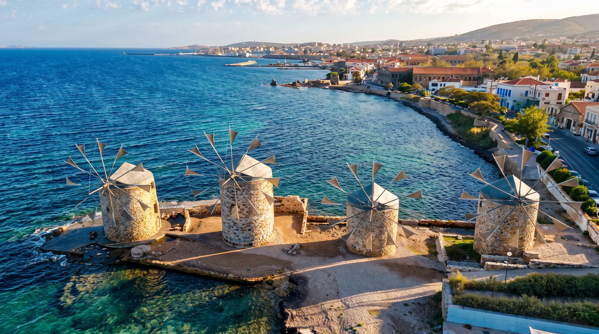 The windmills of Vrontados and the coast towards Chios town (an illustration)