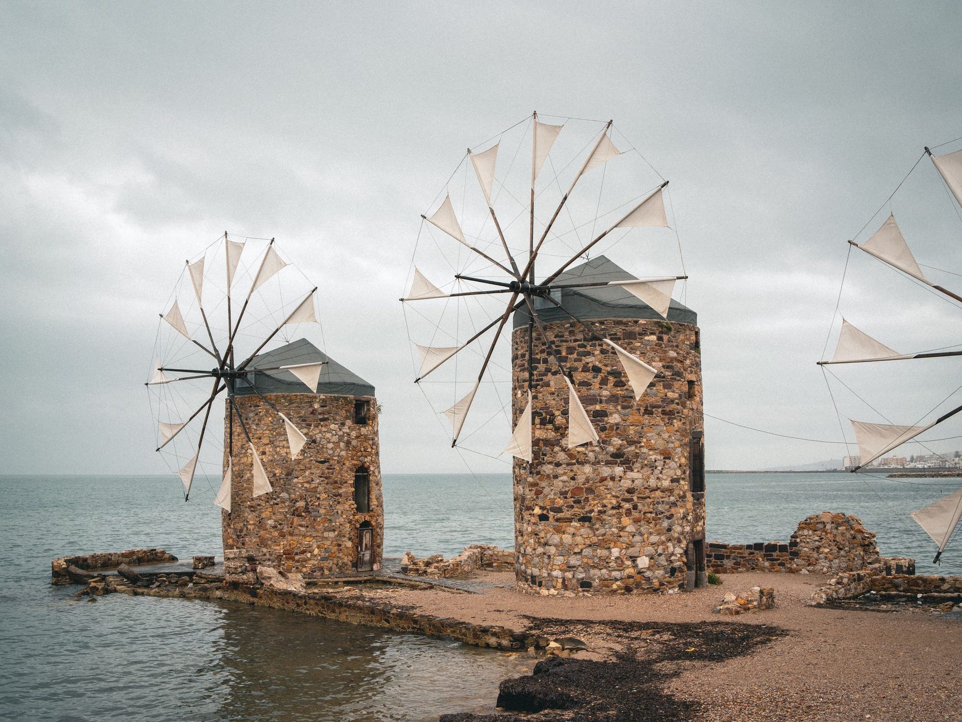 The stone windmills of Vrontados by the sea, on Chios